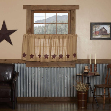 Burlap w/Burgundy Stencil Stars Tier Curtain Set of 2 L24xW36 - The Fox Decor